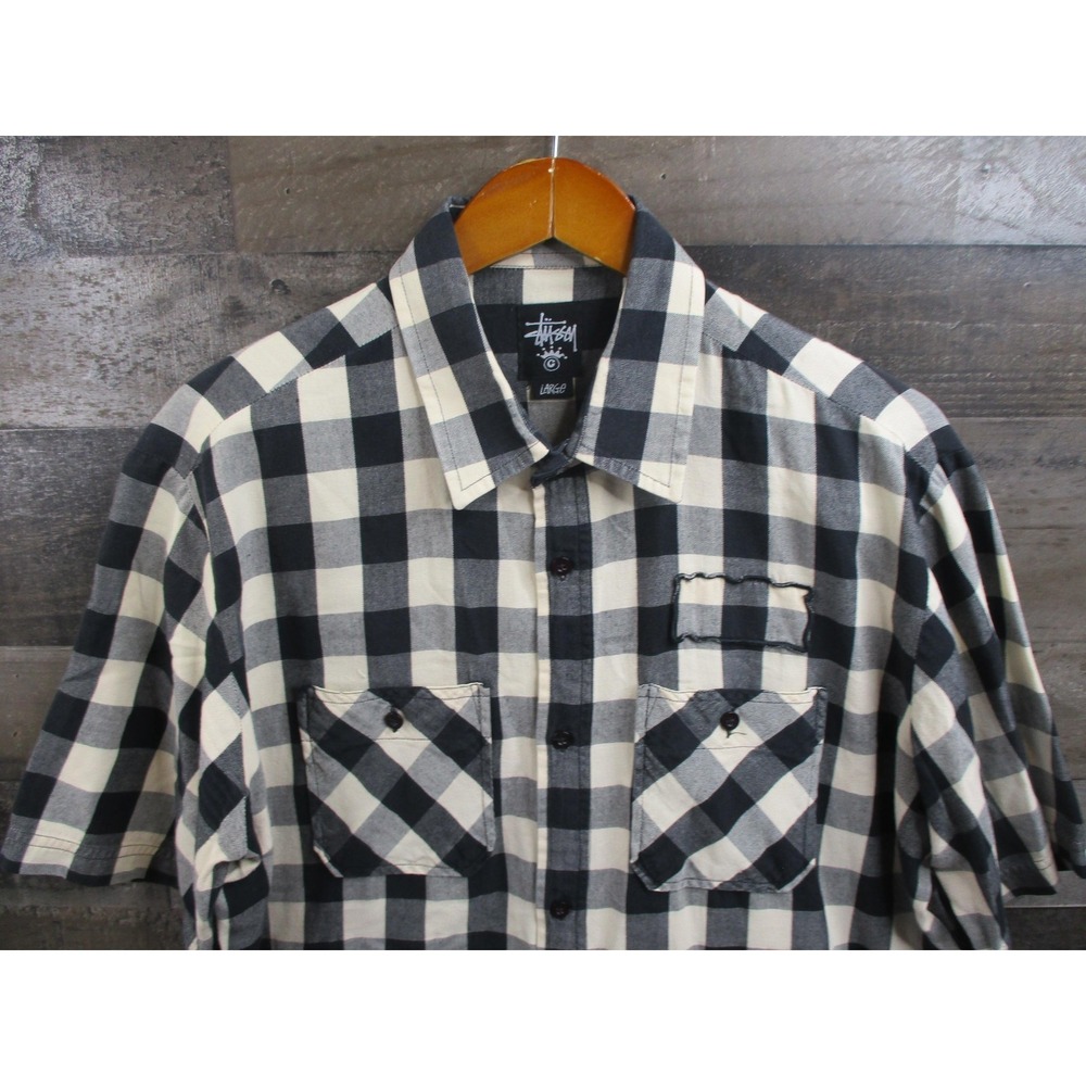 Stussy Shirt Mens Large Beige Buffalo Plaid Short Sleeve Button Up Grunge